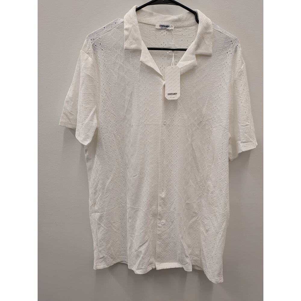 COOFANDY Men’s White Lace Button Up Shirt Short Sleeve Casual Summer Top